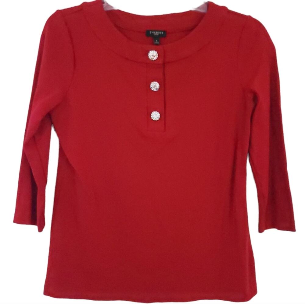 Talbots Red Shirt Petite P (XS) Rhinestone Buttons Holiday Christmas, 3/4 Sleeve